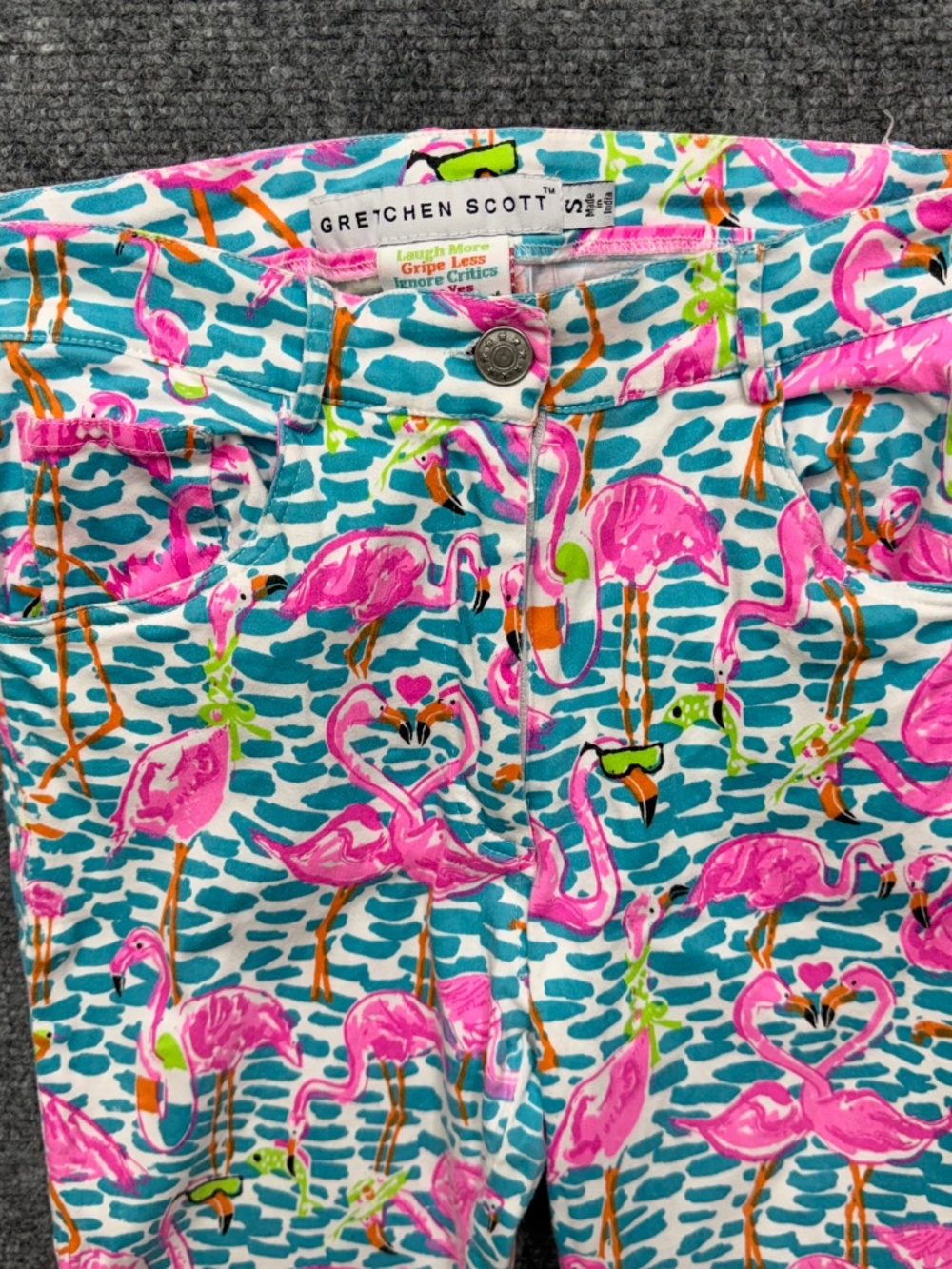 Gretchen Scott Flamingo Print Pants Small Women Blue Pink Tropical Slit Ankle - Picture 4 of 8